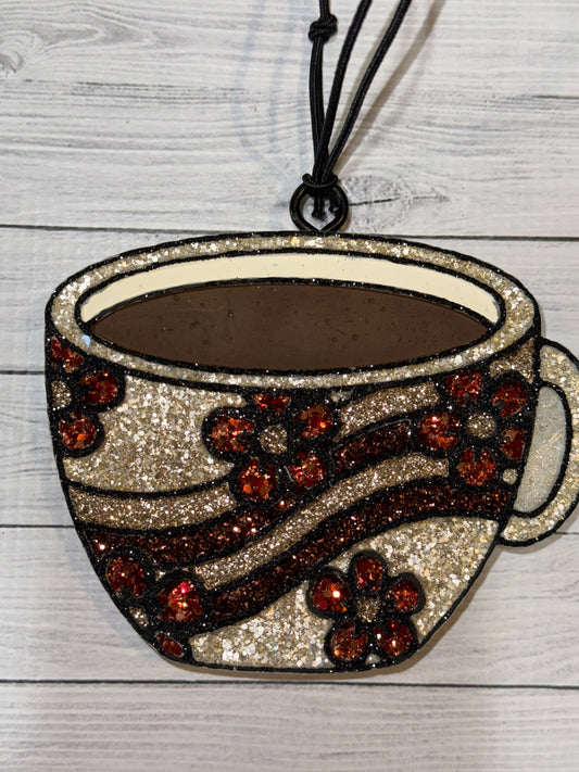 coffee mug with floral accents car freshie
